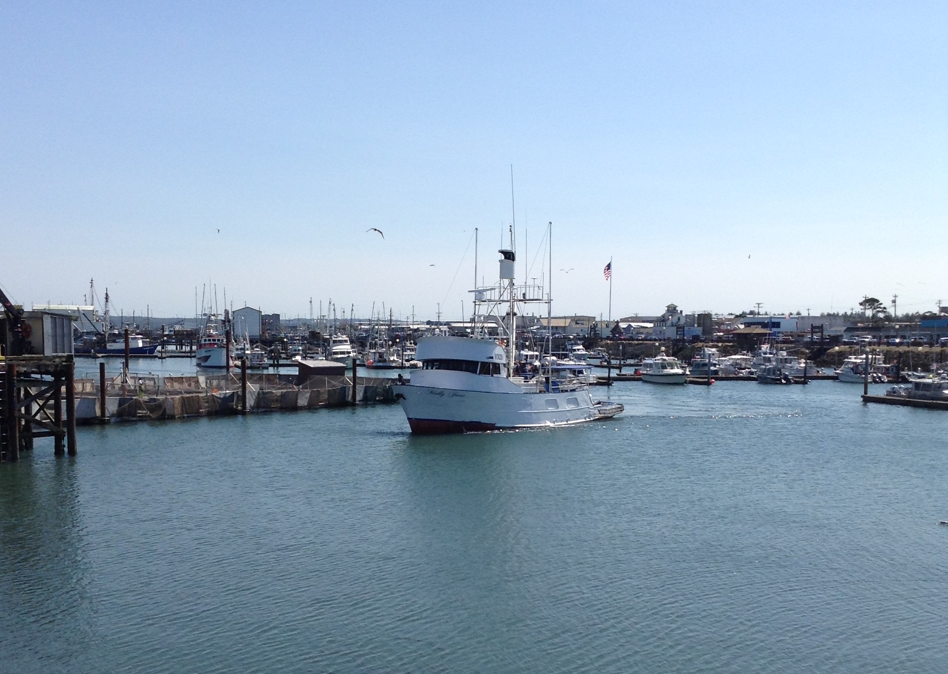 Commercial Boat heading to unload fish at docks-Westport Washington